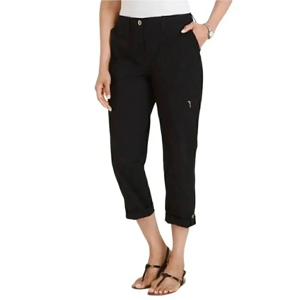Chico's Women's Black Cotton/Poly Sheen Comfort Stretch Cargo Cropped Pants